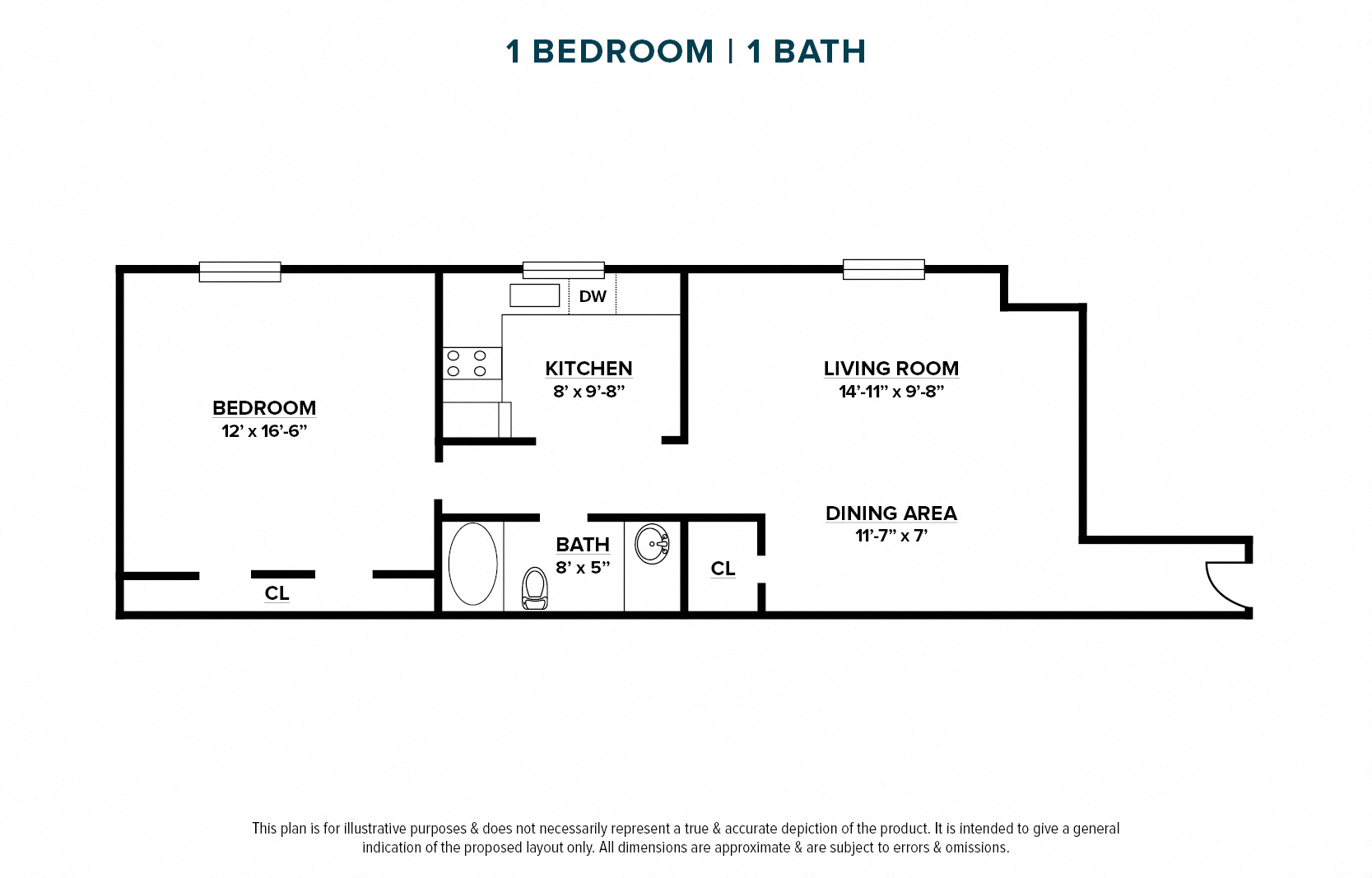 Floor plan for 1 bed, 1 bath, 700 sqft